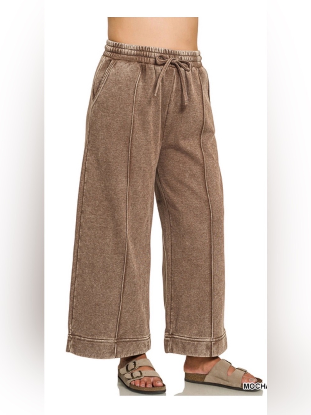 Zenana Outfitters Mocha Acid Wash Fleece Pintuck Wide-Leg Cropped Pants 2X NEW